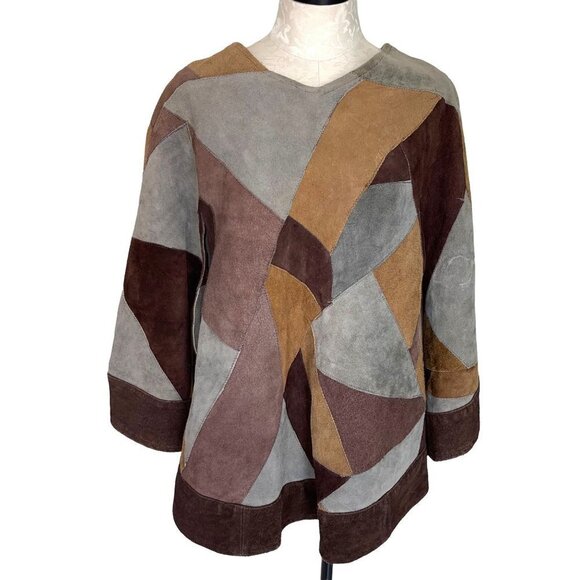 Unbranded Jackets & Blazers - Vintage Handmade Suede Patchwork Poncho Womens One Size Pullover Slit Pockets